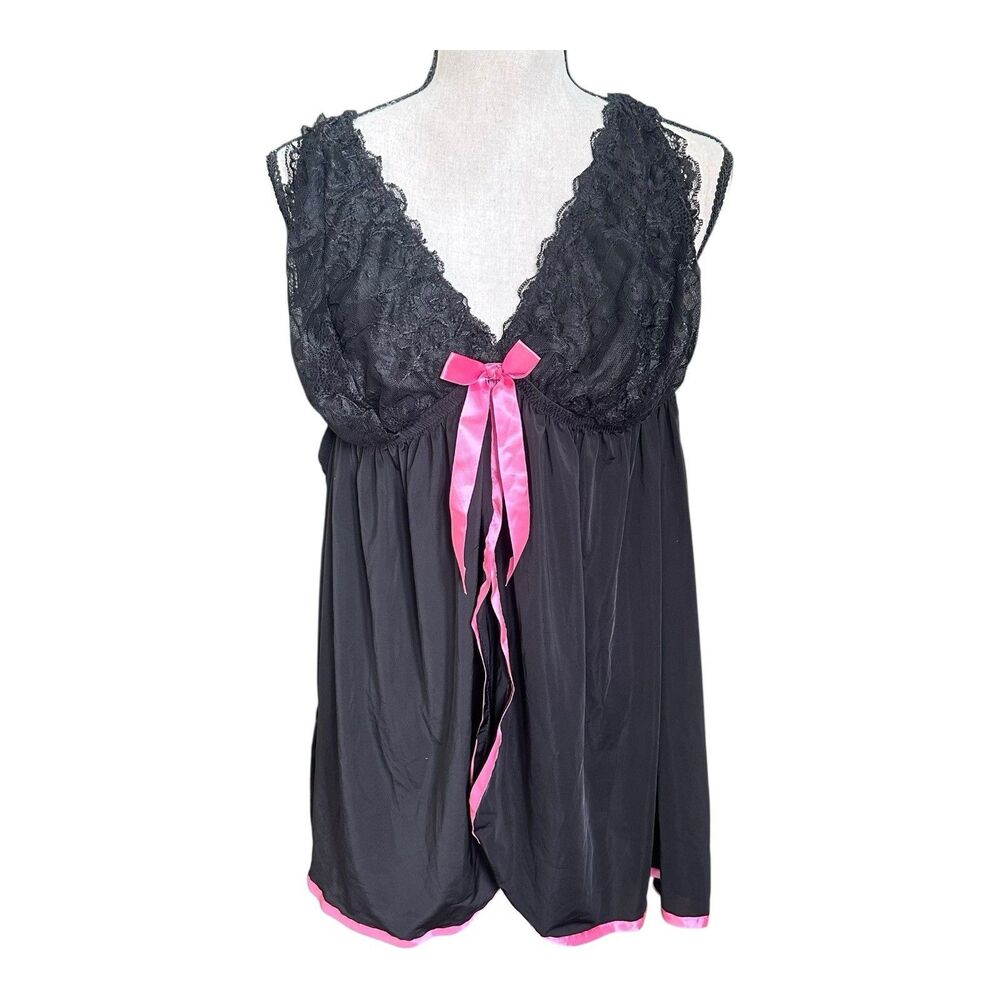 Plus Sz Passion Forever 2X Black Lace Flyaway Babydoll Lingerie Pink Bow Nightie